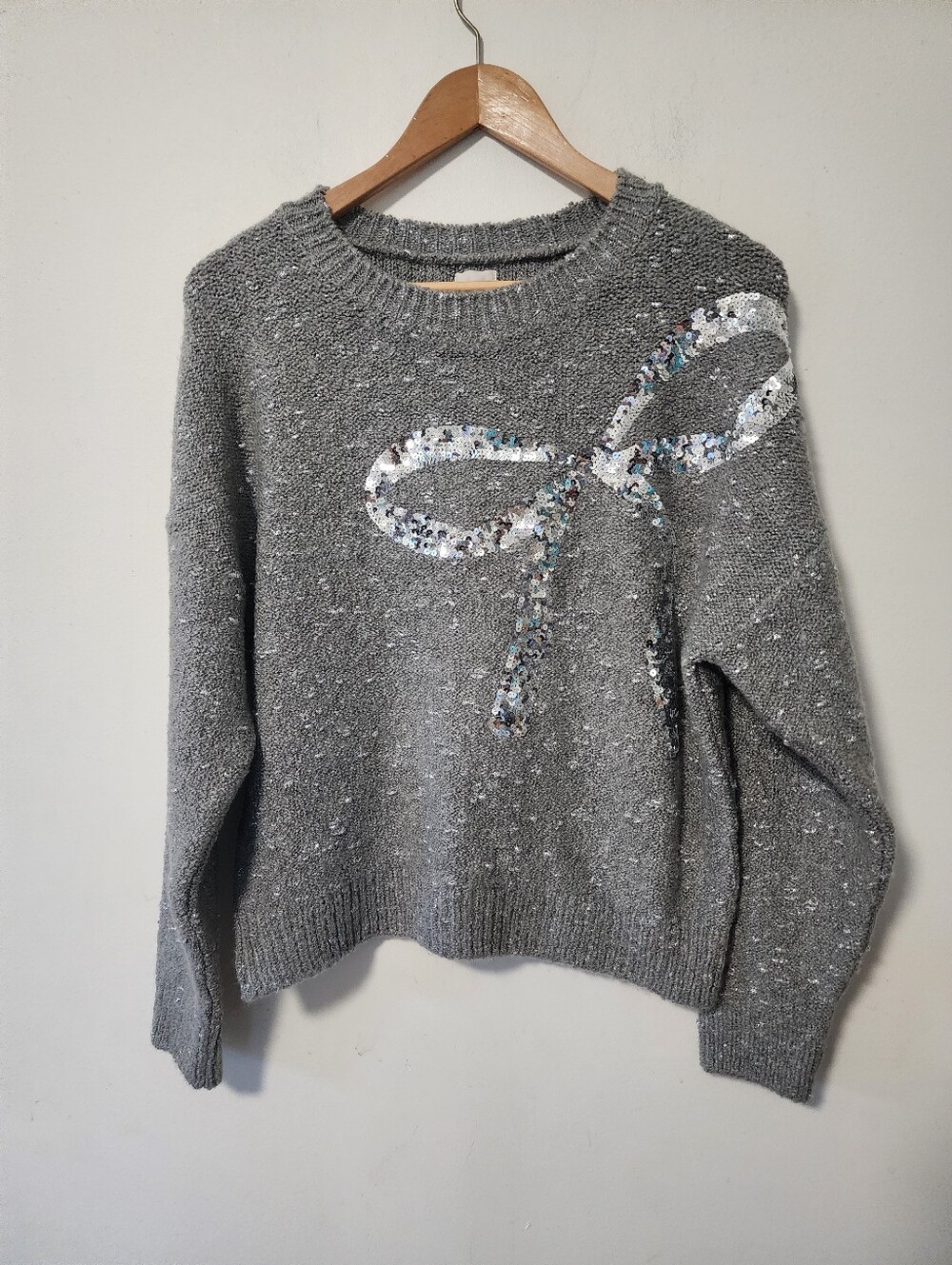 Maeve Gray Crewneck Sweater with Sequin Bow